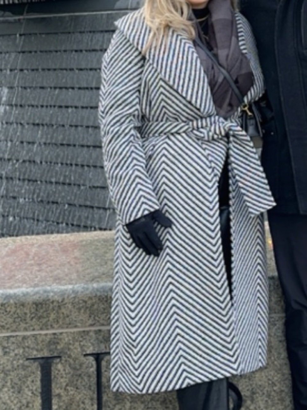 Express Chevron Belted Long Coat in Black and White